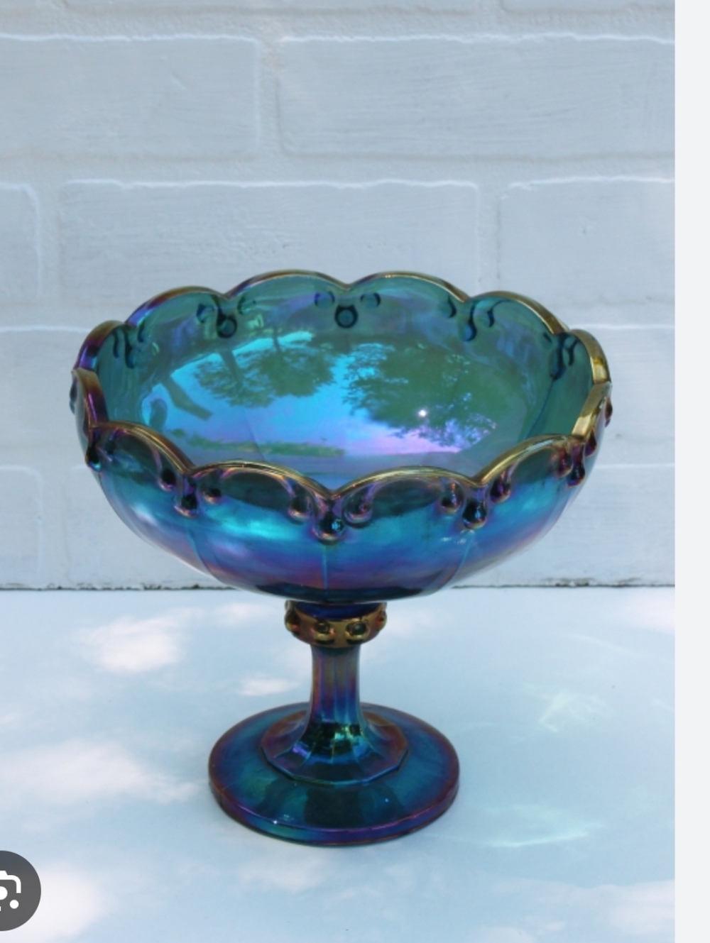 Iridescent Blue Glass Compote Pedestal Bowl - Indiana Carnival Glass